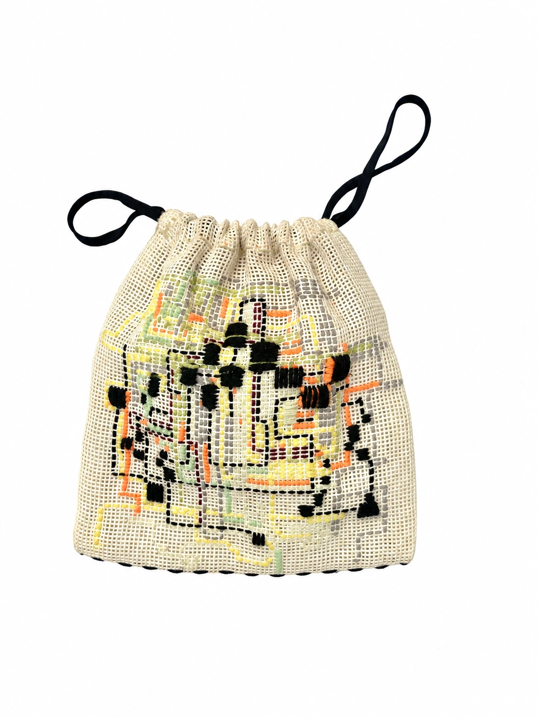 Hand-sewn drawstring bag with colourful stitching